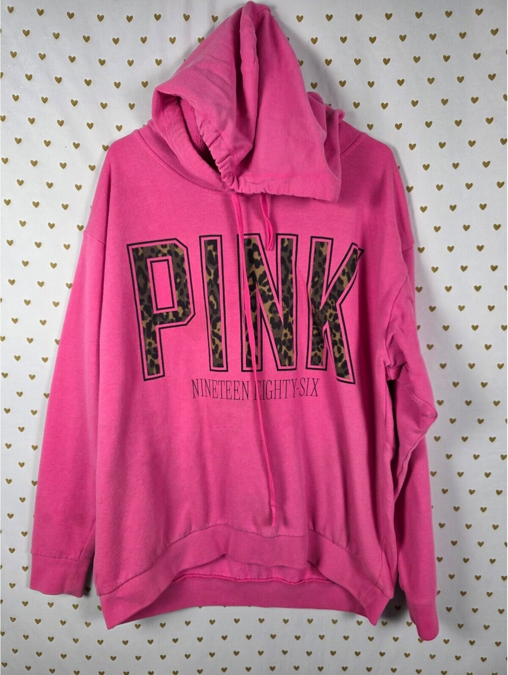 Victorias Secret Pink Pullover Hoodie Sweater Logo Cheetah leopard Large Oversiz